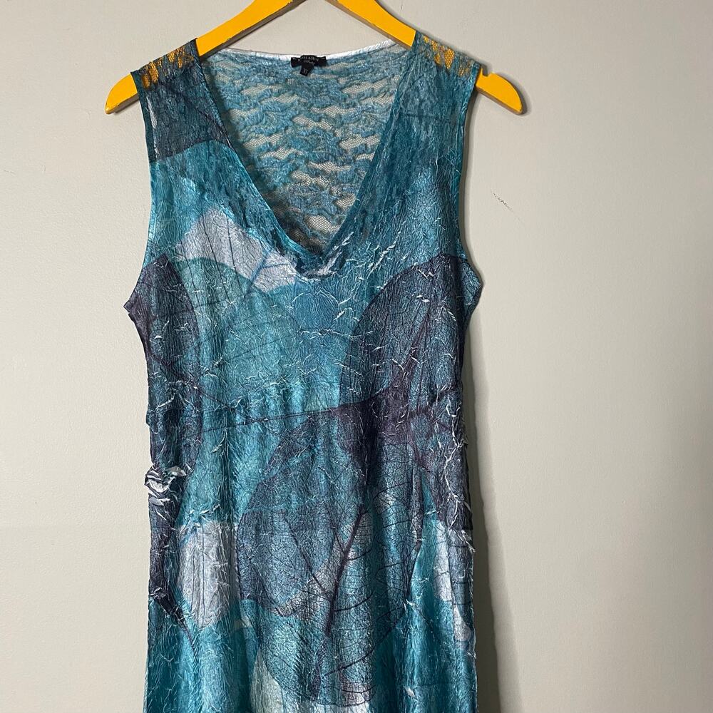 KOMAROV Crinkly Blue Green Leaf Print Lace Panel V-Neck Maxi Dress Size XL - Picture 2 of 8